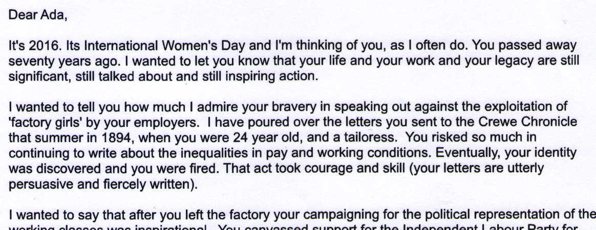 Letter to Ada Nield Chew from Kirsty Bunting