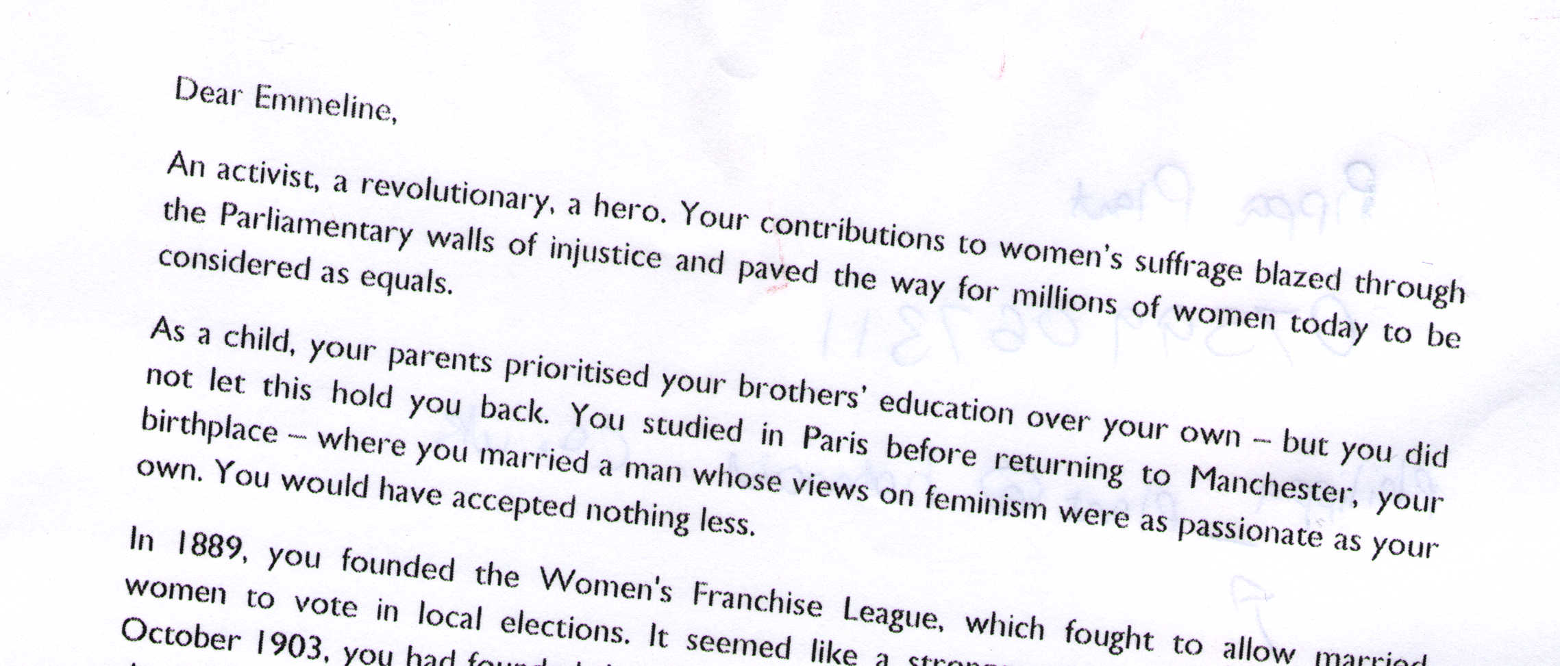 Letter to Emmeline Pankhurst from Pippa Plant